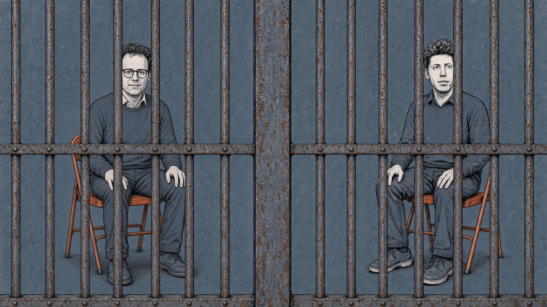Pentekening van Dario Amodei en Sam Altman in trui die elk op een oranje klapstoel zitten, gescheiden door verticale metalen tralies met een horizontale dwarsbalk. Beiden kijken recht vooruit.