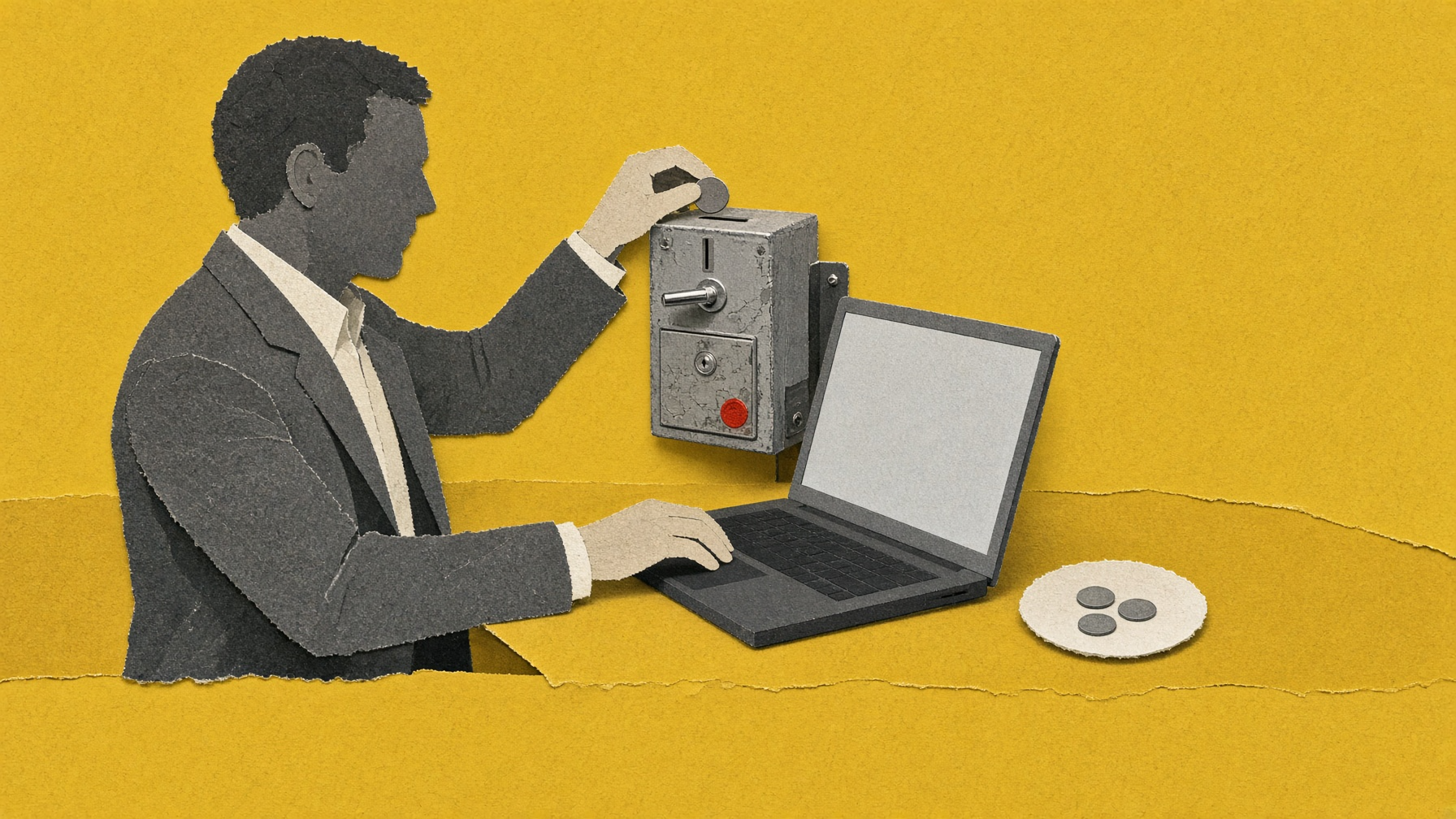 Een man in grijs pak zit aan een bureau en steekt een muntje in een grijs muntkastje dat naast het scherm van zijn laptop is gemonteerd. Naast het toetsenbord ligt een wit schoteltje met drie munten. Papiercollage op een mosterdgele achtergrond.