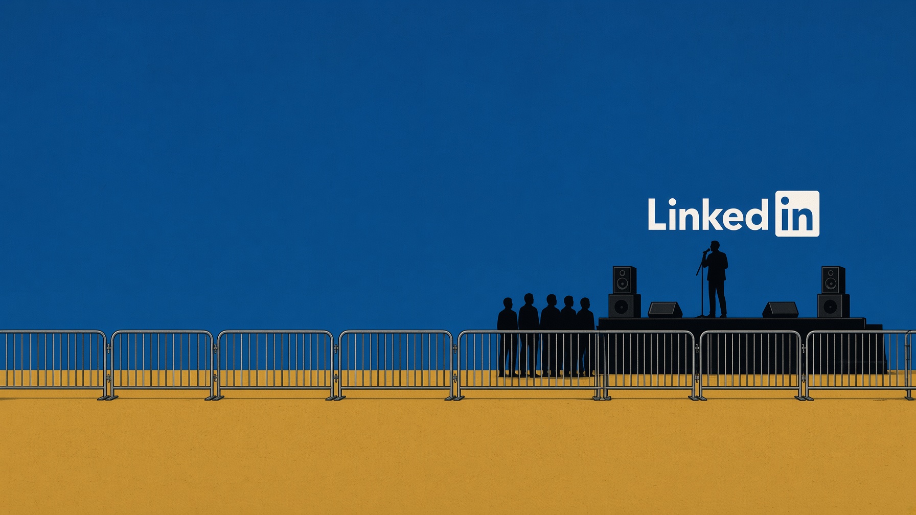 Een spreker op een klein podium onder het LinkedIn-logo, met vijf toehoorders ervoor, terwijl de dranghekken doorlopen langs een verder leeg terrein.